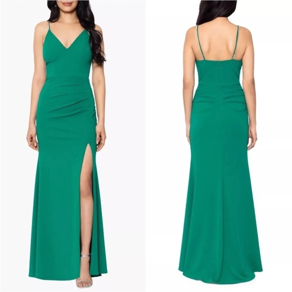 🌻XSCAPE Green Crepe Full Length Formal Side Slit Gown 10 [FLAW Please Read]